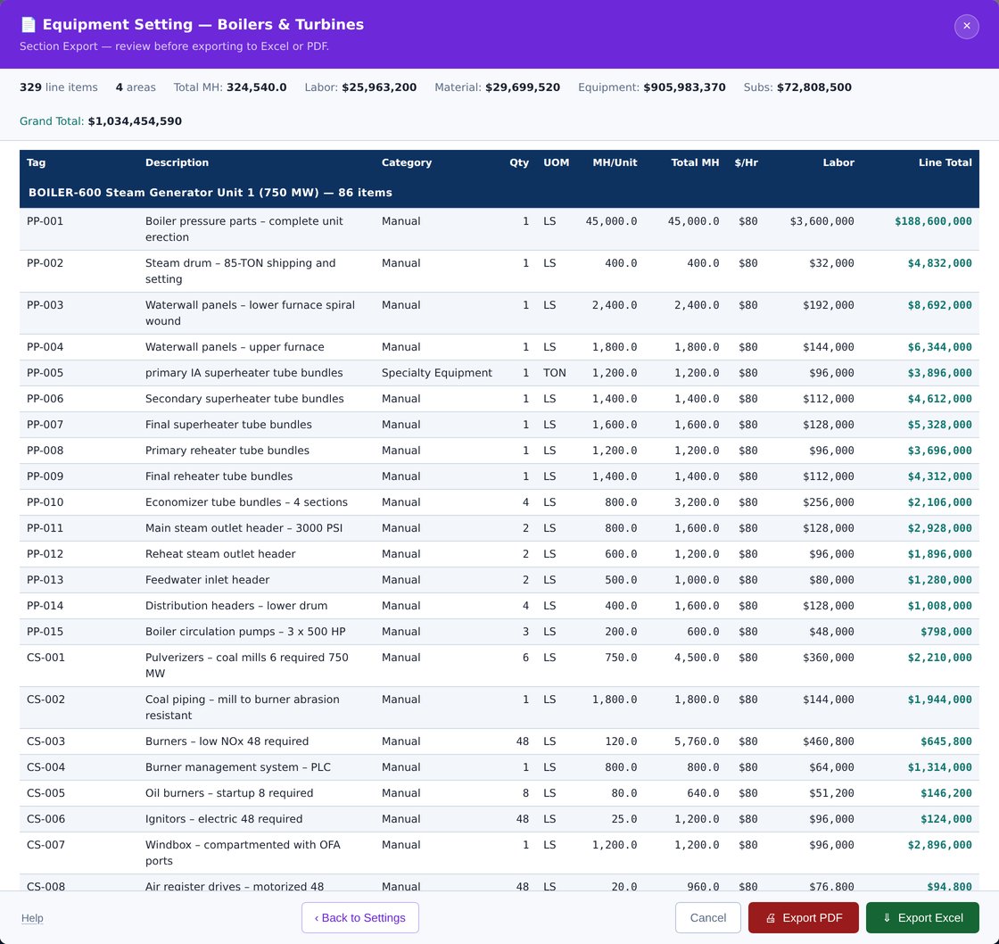 Section Export — equipment setting scope, boilers and turbines, 329 items